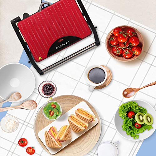 Aigostar Warme 30HHH – Grill， parrilla， sandwichera y máquina de panini 700 W de potencia， asa de toque frío， placas antiadherentes. Libre de BPA， color rojo y negro. Diseño exclusivo.