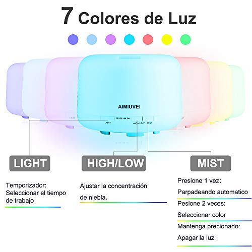 AIMIUVEI 500ml Humidificador Aromaterapia Ultrasonico con Mando a Distancia, Difusor de Aceites Esenciales Aromaterapia Ultra Silencioso, Purificador de Aire y 7 Luces LED Humidificador para Bebes etc