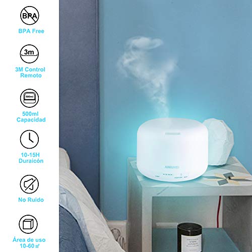 AIMIUVEI 500ml Humidificador Aromaterapia Ultrasonico con Mando a Distancia, Difusor de Aceites Esenciales Aromaterapia Ultra Silencioso, Purificador de Aire y 7 Luces LED Humidificador para Bebes etc