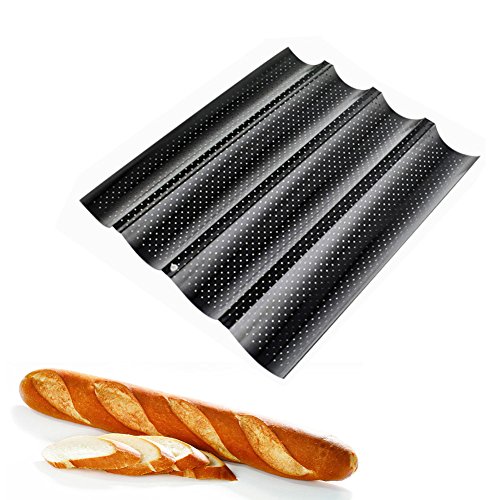 Ainstsk Baguette - Bandeja para horno, antiadherente, barra francesa perforada, soporte para pan, microperforado, negro, Tamaño libre
