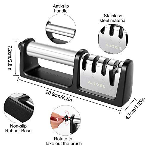 AJOXEL Afilador de Cuchillos, 4 en 1 Afilador Cuchillos Profesional, 4 Etapas Knife Sharpener Afiladores Manuales Base de Acero Inoxidable Antideslizante Arcos Afilador, para Cuchillos y Tijeras