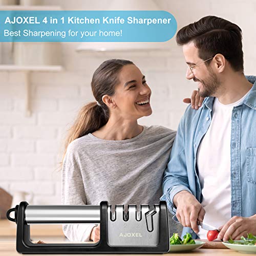 AJOXEL Afilador de Cuchillos, 4 en 1 Afilador Cuchillos Profesional, 4 Etapas Knife Sharpener Afiladores Manuales Base de Acero Inoxidable Antideslizante Arcos Afilador, para Cuchillos y Tijeras