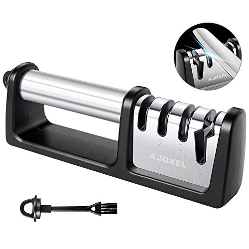 AJOXEL Afilador de Cuchillos, 4 en 1 Afilador Cuchillos Profesional, 4 Etapas Knife Sharpener Afiladores Manuales Base de Acero Inoxidable Antideslizante Arcos Afilador, para Cuchillos y Tijeras