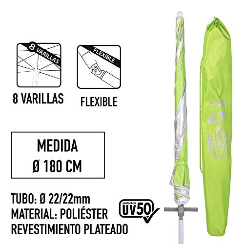 Aktive 62210 - Sombrilla playa 180 cm Pincho integrado y Protección UV 50 Verde Beach