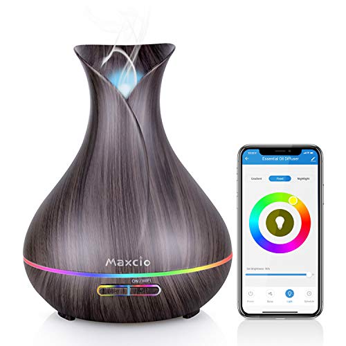 Alexa Difusor Aromaterapia WiFi, Maxcio Humidificador Ultrasónico Aceites Esenciales 400ml 7-Color LED 2 Modos de Nieble Controlable por Vía Wifi y Voz Compatible Con Amazon Alexa y Google Home