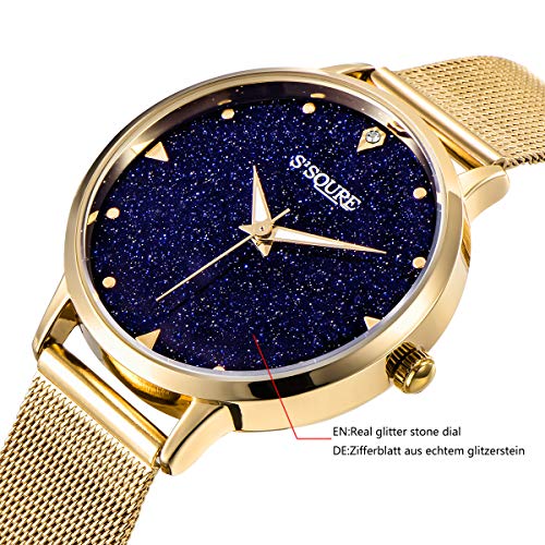 Alienwork Reloj Mujer Relojes Acero Inoxidable Banda de Malla Metálica Oro Analógicos Cuarzo Negro Impermeable Esfera del mármol Verdadero