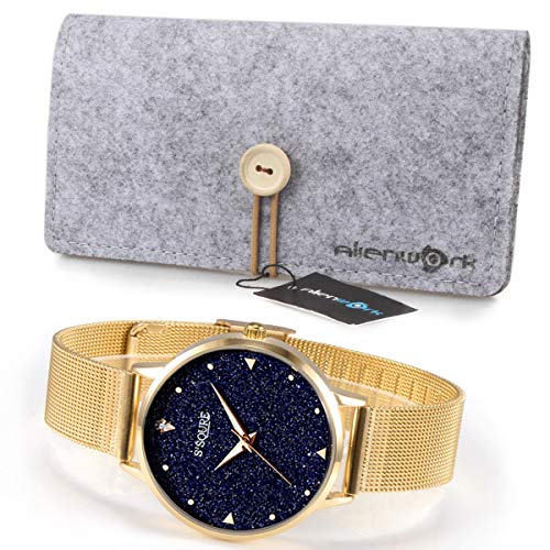 Alienwork Reloj Mujer Relojes Acero Inoxidable Banda de Malla Metálica Oro Analógicos Cuarzo Negro Impermeable Esfera del mármol Verdadero