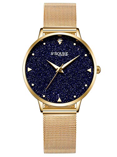 Alienwork Reloj Mujer Relojes Acero Inoxidable Banda de Malla Metálica Oro Analógicos Cuarzo Negro Impermeable Esfera del mármol Verdadero