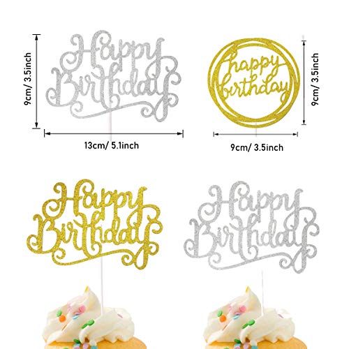 Allazone 116 Pz Decoraciones para Tarta, Happy Birthday y Palillos con Estrellas y en Forma de Corazon, Happy Birthday Topper Decoración para Cumpleaños Baby Shower Fiesta Temática