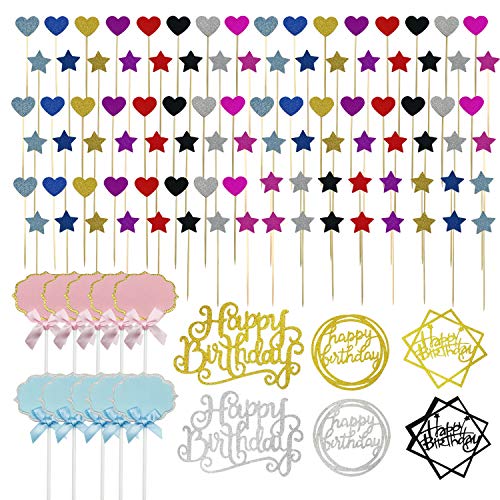 Allazone 116 Pz Decoraciones para Tarta, Happy Birthday y Palillos con Estrellas y en Forma de Corazon, Happy Birthday Topper Decoración para Cumpleaños Baby Shower Fiesta Temática