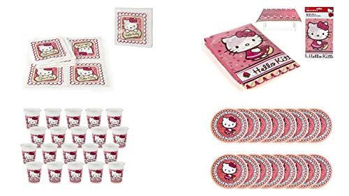 ALMACENESADAN 0469, Pack Desechables Fiesta y Cumpleaños Hello Kitty, 20 Vasos 200 ml, 16 Platos 19,5 cm, 20 servilletas y 1 Mantel 120x180 cm