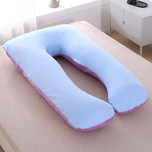 Almohada de embarazo, incluye funda de almohada de algodón, almohadas de maternidad para mujeres embarazadas con forma de U, funda de almohada desmontable y lavable, 70 x 145 cm (Azul + púrpura)