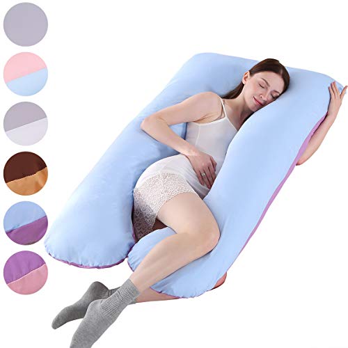 Almohada de embarazo, incluye funda de almohada de algodón, almohadas de maternidad para mujeres embarazadas con forma de U, funda de almohada desmontable y lavable, 70 x 145 cm (Azul + púrpura)