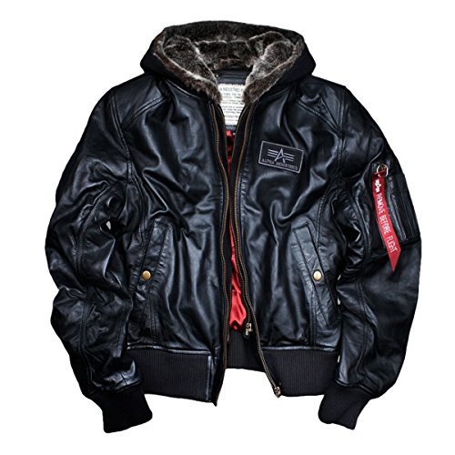 Alpha Industries MA-1 D-Tec - Chaqueta de piel de napa de cordero con capucha desmontable y forro de peluche, color rojo Negro Negro ( M