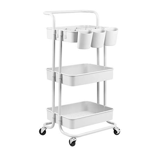 alvorog Carrito de Cocina de 3 Niveles con Ruedas, Carro de Almacenaje con Asa, Carrito Auxiliar Multifuncional para Baño, Cocina, Oficina, Salón & SPA - Blanco