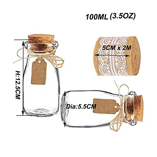 Amajoy frasco de vidrio vintage con tapas de corcho, arpillera y cinta de encaje [botella de leche y frasco decorativo] para decoración de fiesta de boda y fiesta del bebé [12 piezas] [biege]