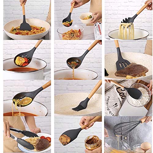 AMAYGA Utensilios Cocina de Silicona,25 Piezas Juego de Utensilios de Cocina,Antiadherente con Mango de Madera,Resistentes Al Calor Utensilios De Cocina,espátula, cuchara,cucharón