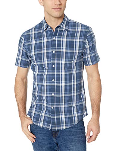 Amazon Essentials – Camisa de popelín de manga corta de corte entallado para hombre, Navy Medium Plaid, US S (EU S)