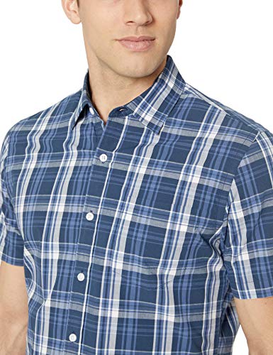 Amazon Essentials – Camisa de popelín de manga corta de corte entallado para hombre, Navy Medium Plaid, US S (EU S)