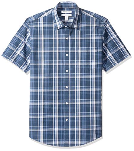 Amazon Essentials – Camisa de popelín de manga corta de corte entallado para hombre, Navy Medium Plaid, US S (EU S)