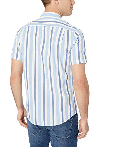 Amazon Essentials – Camisa informal de popelín a cuadros de manga corta de corte recto para hombre, Blue/White Stripe, US S (EU S)