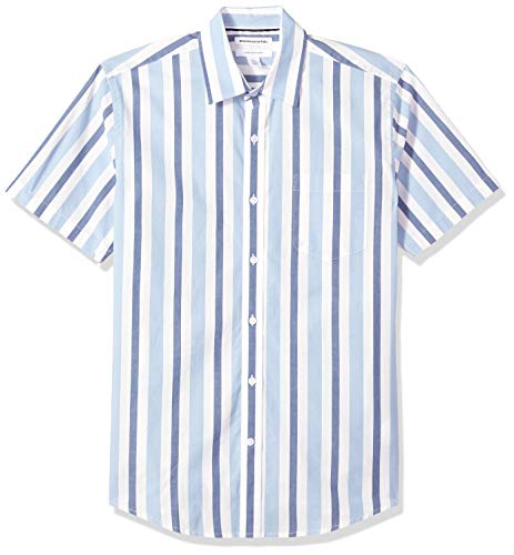 Amazon Essentials – Camisa informal de popelín a cuadros de manga corta de corte recto para hombre, Blue/White Stripe, US S (EU S)