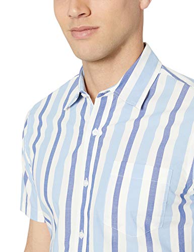 Amazon Essentials – Camisa informal de popelín a cuadros de manga corta de corte recto para hombre, Blue/White Stripe, US S (EU S)