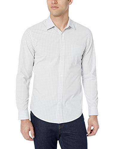 Amazon Essentials - Camisa informal de popelín de manga larga de corte entallado para hombre, Gray Check, US M (EU M)