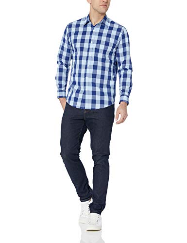 Amazon Essentials – Camisa informal de popelín de manga larga de corte recto estándar para hombre, Blue Buffalo Check, US M (EU M)