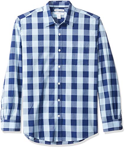 Amazon Essentials – Camisa informal de popelín de manga larga de corte recto estándar para hombre, Blue Buffalo Check, US M (EU M)