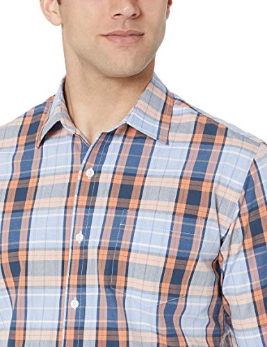 Amazon Essentials – Camisa informal de popelín de manga larga de corte recto estándar para hombre, Coral/Navy Plaid, US S (EU S)