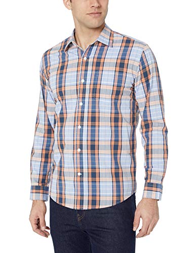 Amazon Essentials – Camisa informal de popelín de manga larga de corte recto estándar para hombre, Coral/Navy Plaid, US S (EU S)