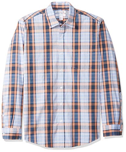 Amazon Essentials – Camisa informal de popelín de manga larga de corte recto estándar para hombre, Coral/Navy Plaid, US S (EU S)