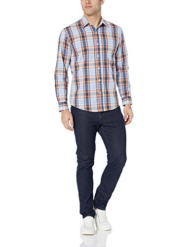 Amazon Essentials – Camisa informal de popelín de manga larga de corte recto estándar para hombre, Coral/Navy Plaid, US S (EU S)