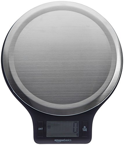 AmazonBasics - Báscula de cocina digital con pantalla LCD, sin bisfenol A (BPA), de acero inoxidable (pilas incluidas)