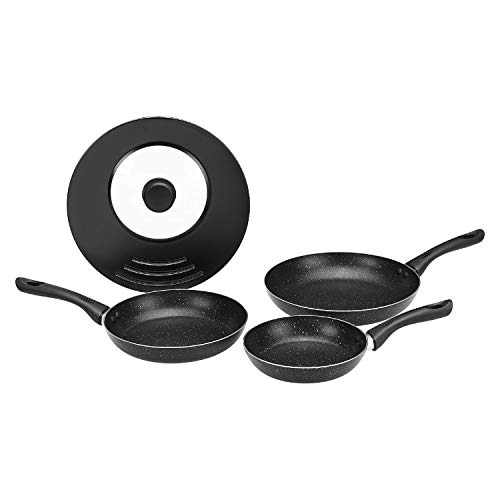 AmazonBasics Juego de 3 sartenes de inducción (20 cm, 24 cm, 28 cm), antiadherentes y con cubierta universal, 4 piezas, negro