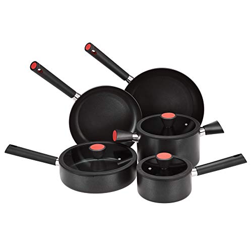 AmazonBasics Juego de utensilios de cocina, sartenes y ollas de inducción, antiadherentes, 5 piezas de aluminio con función de colado, negro