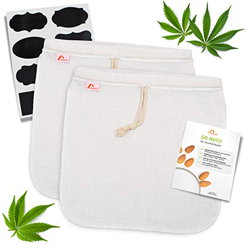 Amazy Filtro para leche vegetal (2 bolsas | 30x30 cm) Hecho de Cañamo – Bolsa ideal para bebida vegetal, zumos y batidos de frutas y verduras