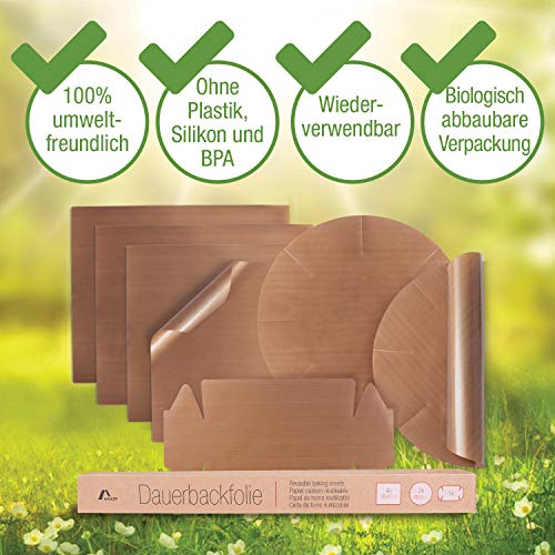 Amazy Papel de Horno Reutilizable (9 unids.) - Papel para horno resistente, antiadherente y apto para lavavajillas. Incl. 4x papel cuadrado, 2x papel redondo, 2x papel tostadora y 1x bandeja hornear