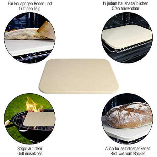 Amazy Piedra para pizza (38 x 30 x 1,5 cm) + Pala de Bambú + Papel Horno Reutilizable + Instrucciones - Dele a su pizza el original sabor italiano al horno de leña.