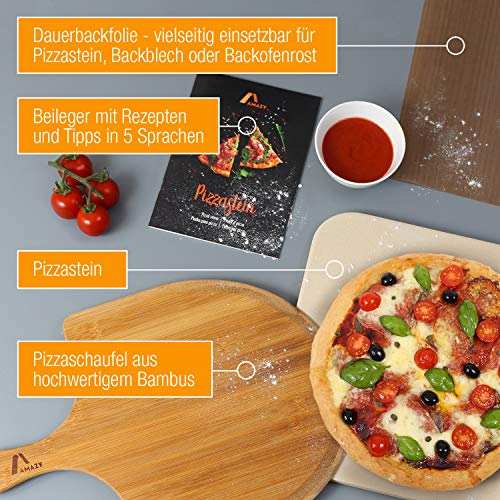 Amazy Piedra para pizza (38 x 30 x 1,5 cm) + Pala de Bambú + Papel Horno Reutilizable + Instrucciones - Dele a su pizza el original sabor italiano al horno de leña.