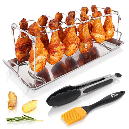 Amazy Soporte para muslos de pollo Incl. Bandeja + Pincel + Pinzas | Soporte para pollo de acero inoxidable – Para muslos y alitas de pollo uniformemente cocinados en barbacoa o horno