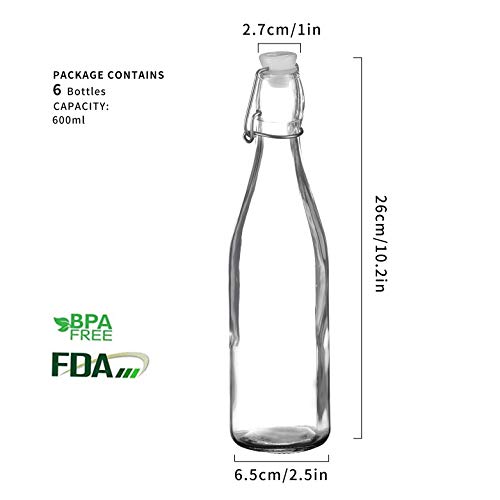 Amisglass Botes de Vidrio, Juego 6 Piezas de Jarra Vidrio con Tapa Abatible, Botellas Transparentes de Cristal Hermética para Bebidas, Aceite, Vinagre, Cerveza, Agua, Salsa de Condimentos - 600 ml