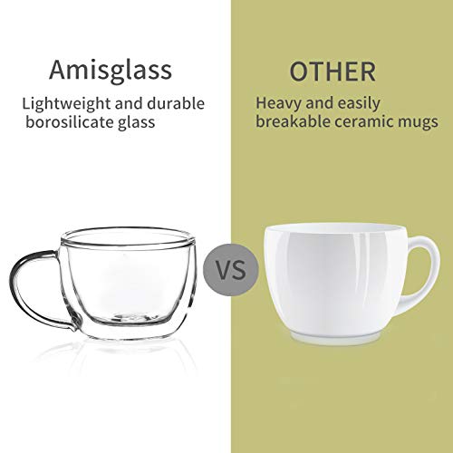 Amisglass Tazas de Vidrio, Juego de 2 Piezas de Tazas de Café de Cristal Transparente de Doble Pared con Mango Ideal para Café y Té - 100 ml