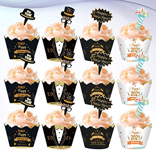 Amosfun 2021 Feliz Año Nuevo Toppers de Pastel Forros de Cupcake Toppers de Cupcake 2021 Suministros de Decoraciones de Fiesta de Nochevieja (24Pcs Topper 24Pcs Wrapper)