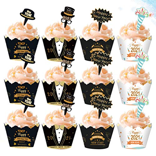 Amosfun 2021 Feliz Año Nuevo Toppers de Pastel Forros de Cupcake Toppers de Cupcake 2021 Suministros de Decoraciones de Fiesta de Nochevieja (24Pcs Topper 24Pcs Wrapper)