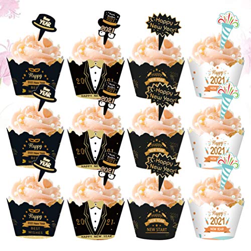 Amosfun 2021 Feliz Año Nuevo Toppers de Pastel Forros de Cupcake Toppers de Cupcake 2021 Suministros de Decoraciones de Fiesta de Nochevieja (24Pcs Topper 24Pcs Wrapper)