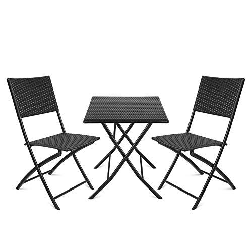 amzdeal Conjuntos de Muebles de Jardín/Balcón/Terraza Material Ratán Tejido 2 Sillas Una Mesa Plegable Negro