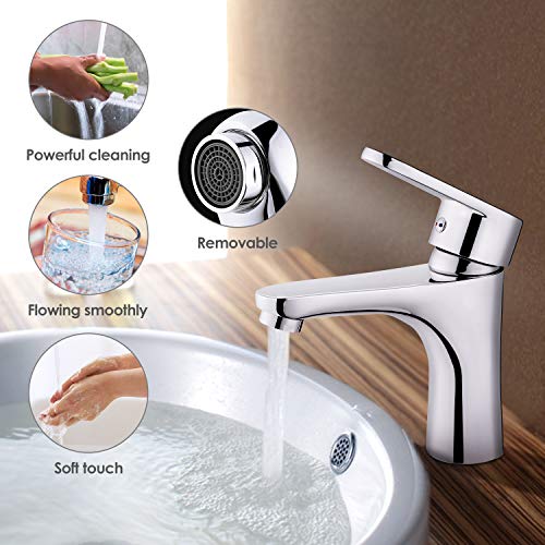 Amzdeal Grifo de lavabo, Grifo para baño con cartucho de cerámica y Neoperl aireador, Grifo monomando para lavabo, Agua Fría y Caliente disponible, Latón, Cromado