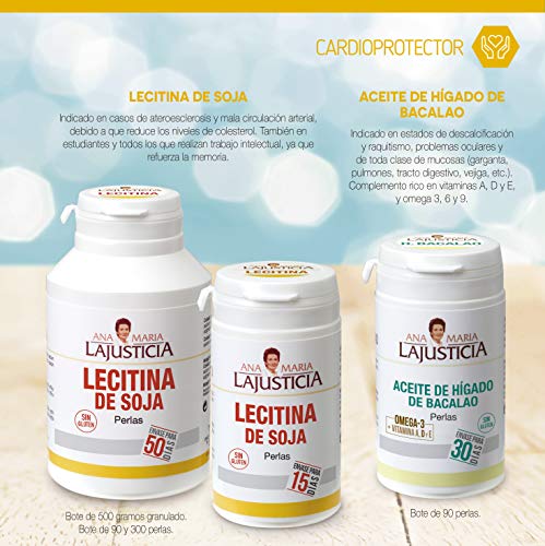 Ana Maria Lajusticia - Lecitina de soja – 300 perlas. Reduce el colesterol en sangre y mejora la memoria. Apto para veganos. Envase para 50 días de tratamiento.